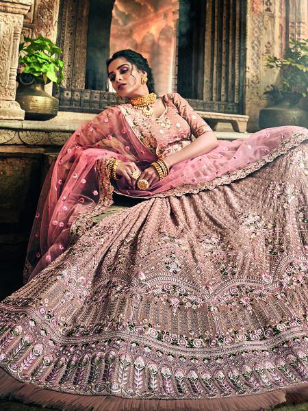 Myra Rose Taupe Georgette Embroidered lehenga | Grocsy