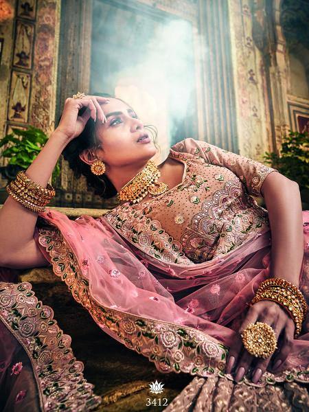 Myra Rose Taupe Georgette Embroidered lehenga | Grocsy
