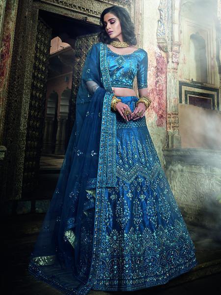 Myra Kerosene Blue Art Silk Embroidered Lehenga | Grocsy