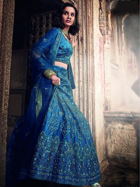 Myra Kerosene Blue Art Silk Embroidered Lehenga | Grocsy