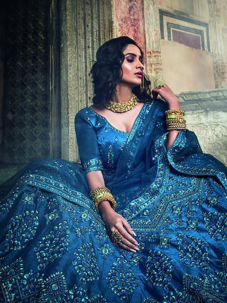 Myra Kerosene Blue Art Silk Embroidered Lehenga | Grocsy