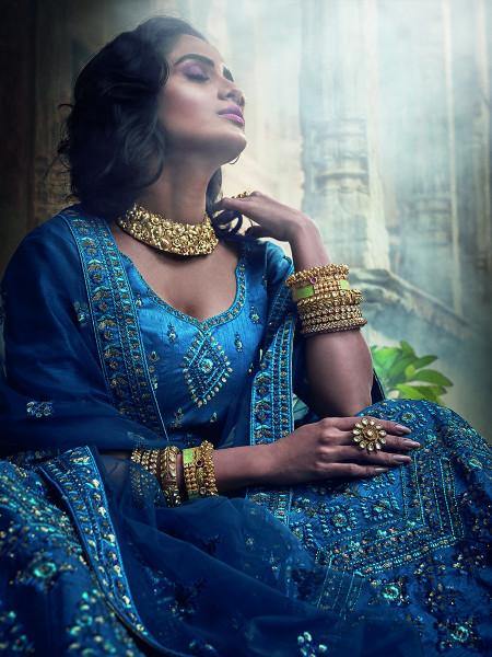 Myra Kerosene Blue Art Silk Embroidered Lehenga | Grocsy