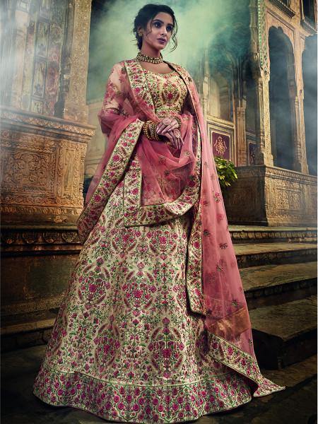 Myra Jute White Art Silk Embroidered Lehenga | Grocsy