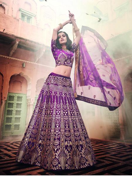 Myra Wine Art Silk Embroidered Lehenga | Grocsy