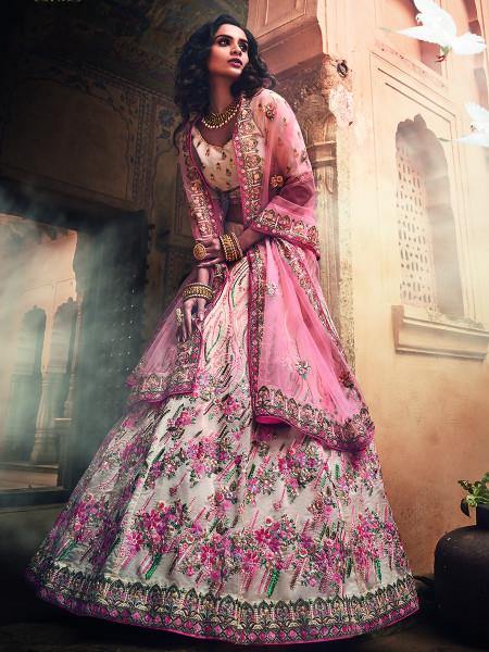 Myra Off White Organza Heavy Embroidered Lehenga | Grocsy