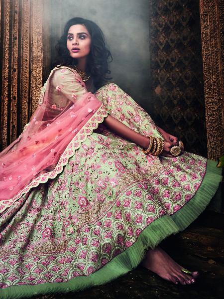 Myra Pista Green Heavy Embroidered Lehenga Choli | Grocsy