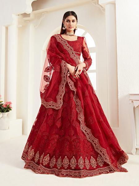 Myra Red Heavy Embroidered Net Lehenga | Grocsy