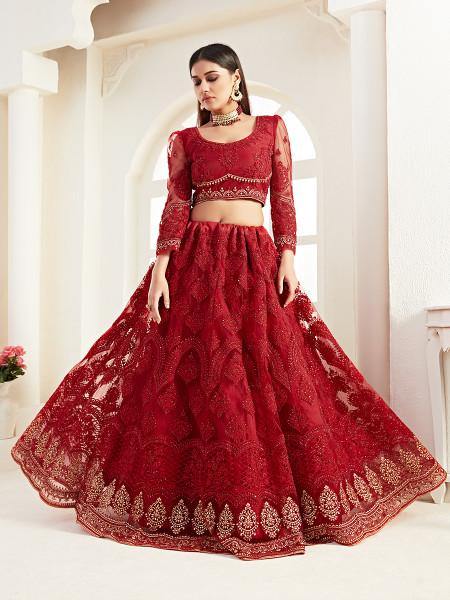 Myra Red Heavy Embroidered Net Lehenga | Grocsy