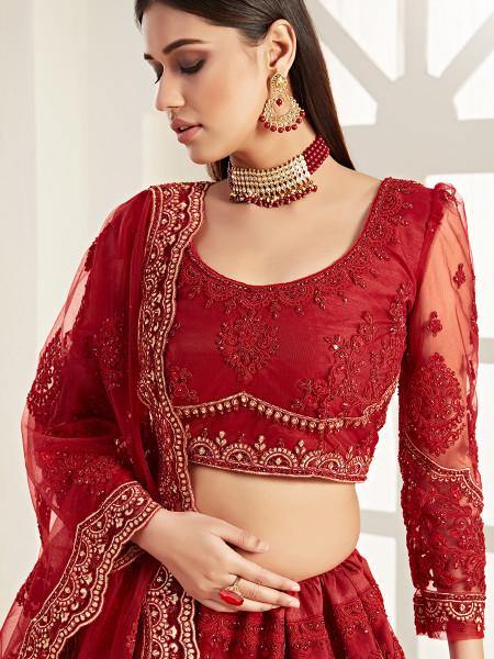 Myra Red Heavy Embroidered Net Lehenga | Grocsy