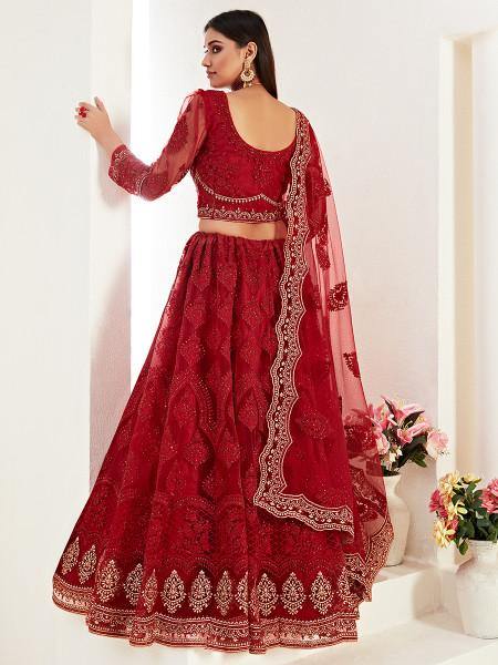 Myra Red Heavy Embroidered Net Lehenga | Grocsy