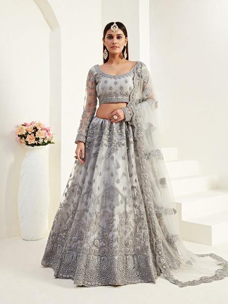 Myra Light Grey Heavy Embroidered Net Lehenga | Grocsy