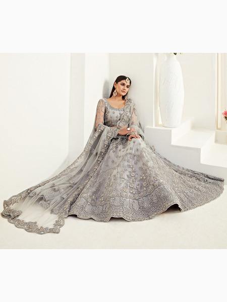 Myra Light Grey Heavy Embroidered Net Lehenga | Grocsy