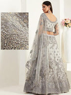 Myra Light Grey Heavy Embroidered Net Lehenga | Grocsy