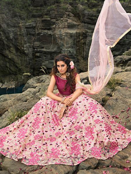 Myra Magenta Pink Embroiderd Net Lehenga Choli | Grocsy