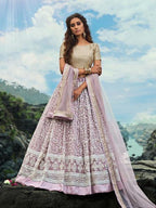 Myra Cream and Lilac Net Embroidered Lehenga Choli | Grocsy