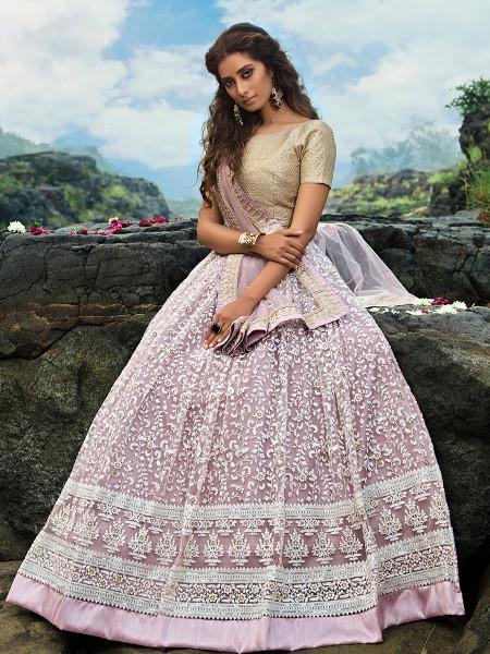 Myra Cream and Lilac Net Embroidered Lehenga Choli | Grocsy