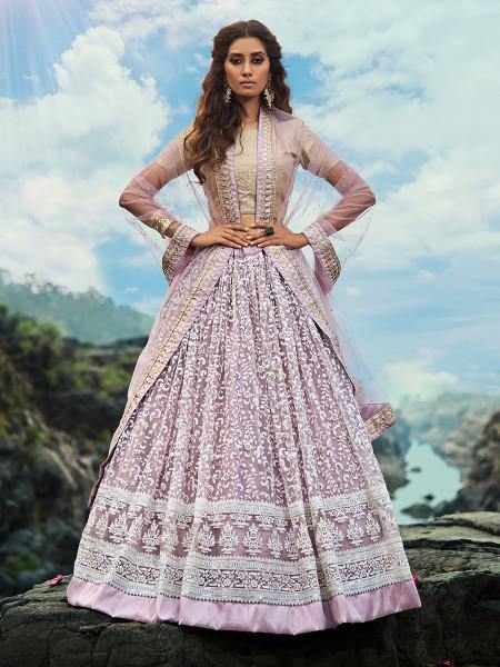 Myra Cream and Lilac Net Embroidered Lehenga Choli | Grocsy