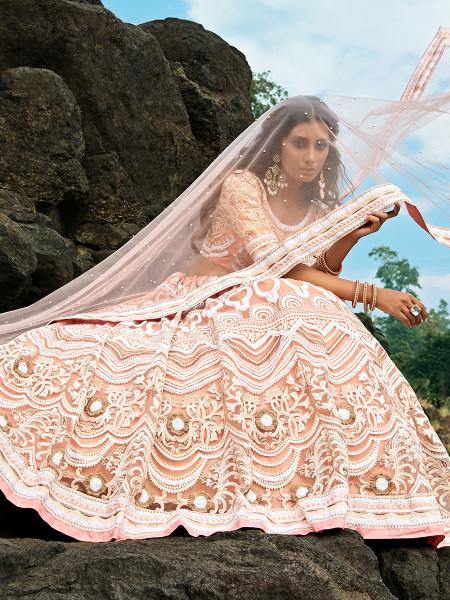 Myra Peach Embroidered Net Lehenga Choli | Grocsy
