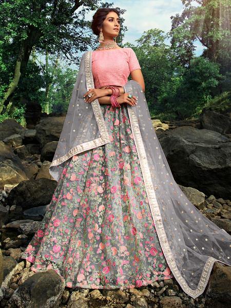 Myra Pink and Grey Net Embroidered Lehenga | Grocsy