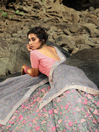 Myra Pink and Grey Net Embroidered Lehenga | Grocsy