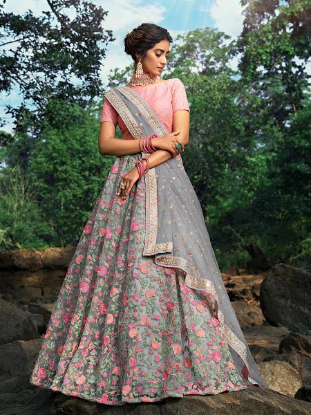 Myra Pink and Grey Net Embroidered Lehenga | Grocsy