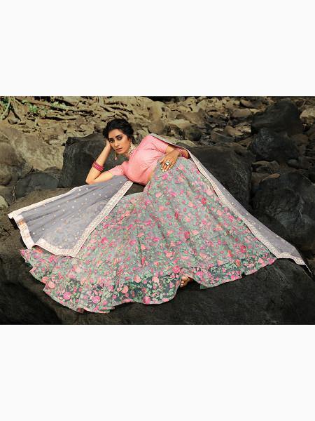 Myra Pink and Grey Net Embroidered Lehenga | Grocsy