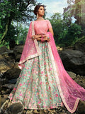 Myra Pink and Light Green Embroidered Net Lehenga | Grocsy