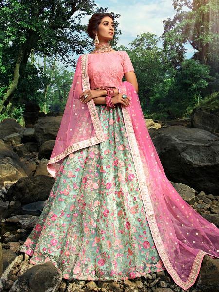 Myra Pink and Light Green Embroidered Net Lehenga | Grocsy