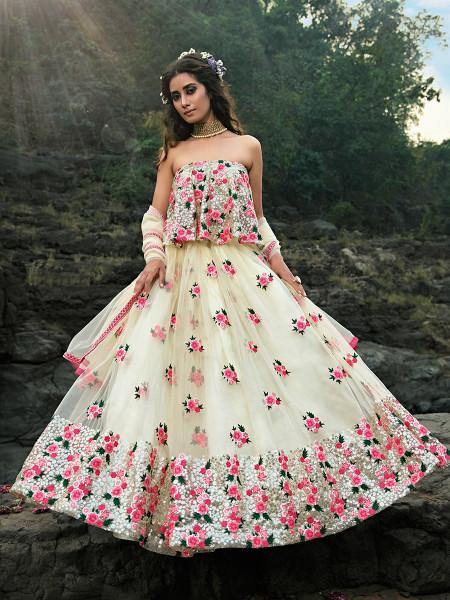 Myra Multi and Off White Net Heavy Embroidered Lehenga | Grocsy