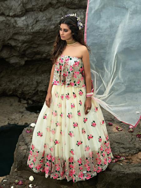 Myra Multi and Off White Net Heavy Embroidered Lehenga | Grocsy