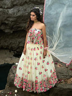 Myra Multi and Off White Net Heavy Embroidered Lehenga | Grocsy