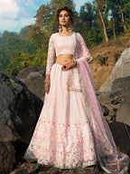 Myra Baby Pink Net Heavy Embroidered Lehenga | Grocsy
