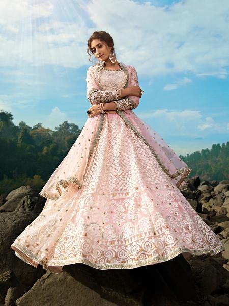 Myra Baby Pink Net Heavy Embroidered Lehenga | Grocsy