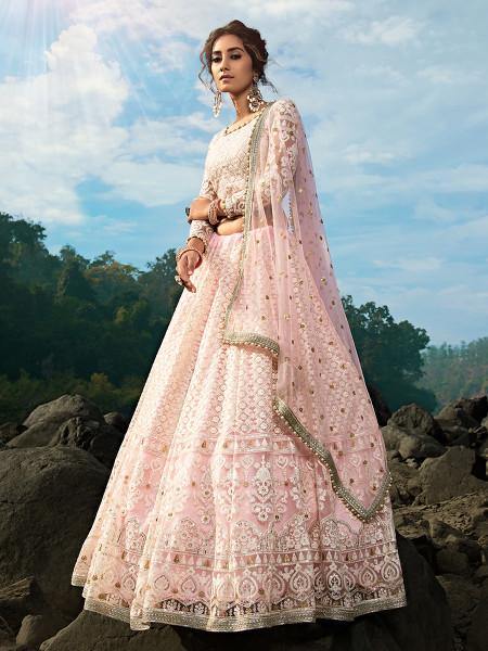 Myra Baby Pink Net Heavy Embroidered Lehenga | Grocsy
