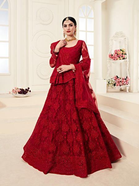 Myra Red Heavy Embroidered Net Lehenga | Grocsy
