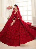 Myra Red Heavy Embroidered Net Lehenga | Grocsy