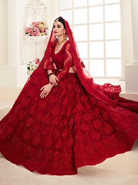 Myra Red Heavy Embroidered Net Lehenga | Grocsy