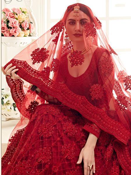 Myra Red Heavy Embroidered Net Lehenga | Grocsy