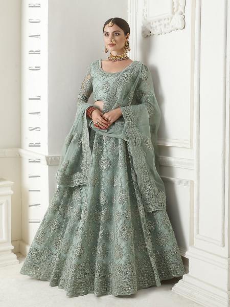 Myra Aqua Blue Heavy Embroidered Net Lehenga | Grocsy