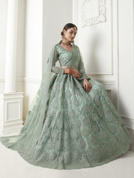 Myra Aqua Blue Heavy Embroidered Net Lehenga | Grocsy