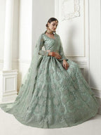 Myra Aqua Blue Heavy Embroidered Net Lehenga | Grocsy