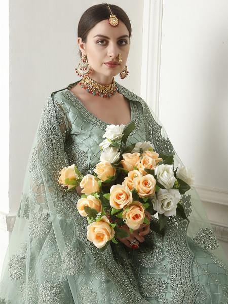 Myra Aqua Blue Heavy Embroidered Net Lehenga | Grocsy