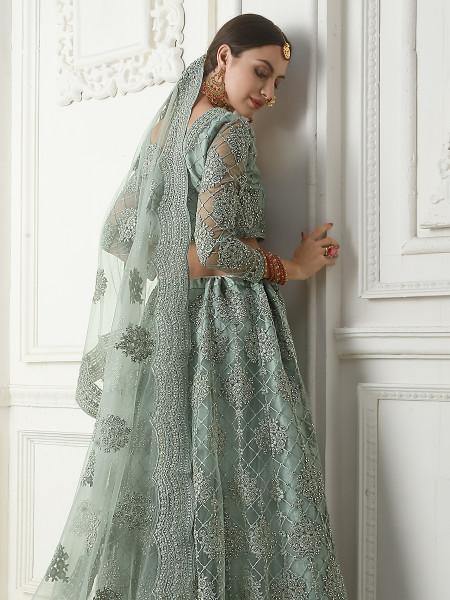 Myra Aqua Blue Heavy Embroidered Net Lehenga | Grocsy