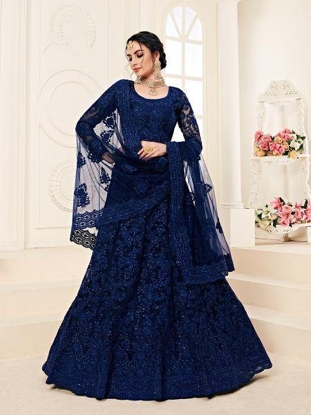 Myra Deep Blue Heavy Embroidered Net Lehenga | Grocsy