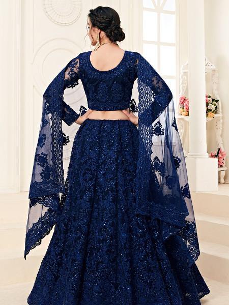 Myra Deep Blue Heavy Embroidered Net Lehenga | Grocsy