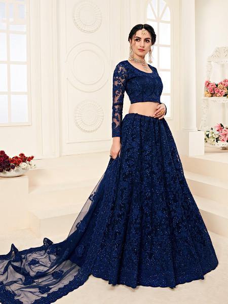 Myra Deep Blue Heavy Embroidered Net Lehenga | Grocsy