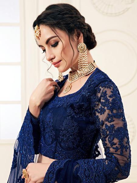 Myra Deep Blue Heavy Embroidered Net Lehenga | Grocsy