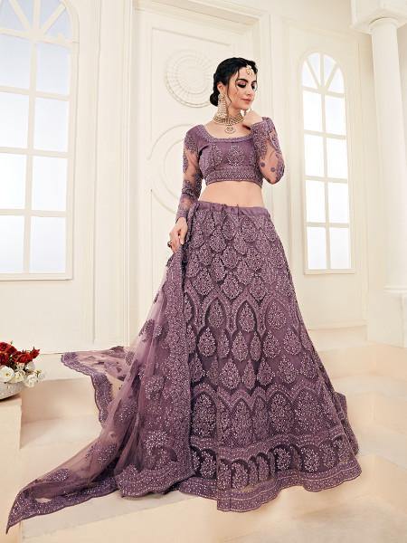 Myra Violet Heavy Embroidered Net Lehenga | Grocsy