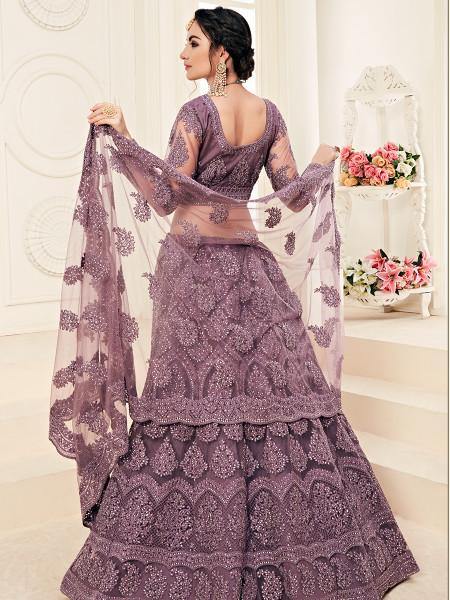 Myra Violet Heavy Embroidered Net Lehenga | Grocsy