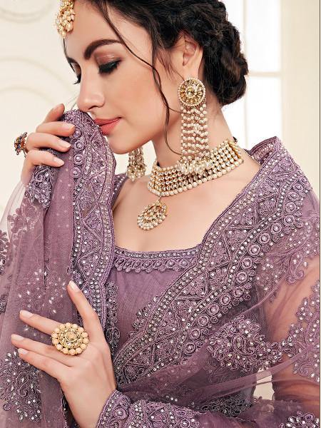 Myra Violet Heavy Embroidered Net Lehenga | Grocsy